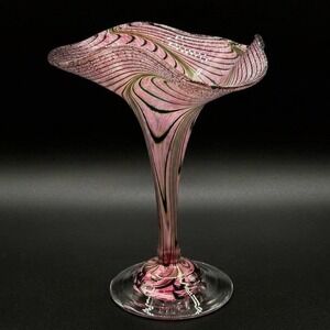 Robert Held Pink Pulled Feather Iridescent Calla Lily Art Glass Vase Vintage
